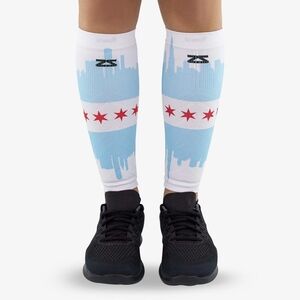 Zensah Chicago Flag Skyline Compression Leg Sleeves - White and Blue Marathon